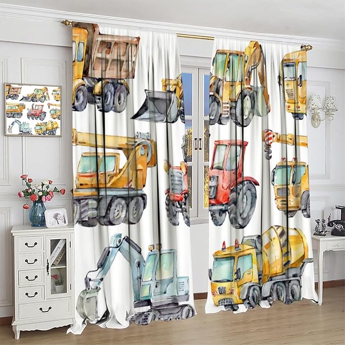 Kids Excavator Curtains, Retro Truck Tractor Machinery Construction Vehicle