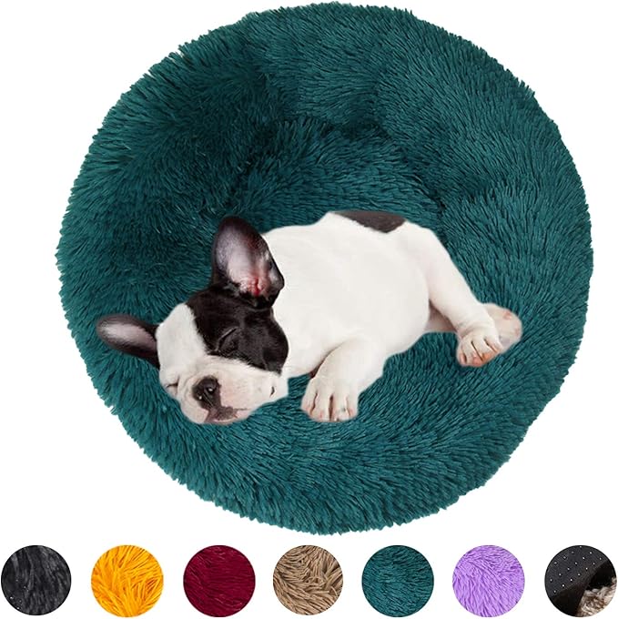 huraty Plush Dog Bed Pet Calming Fur Bed, Fluffy Donut Round Cat Beds, Anti-Slip & Anti-Anxiety, 16 Inch for Puppy and Kitties, Teal, XS