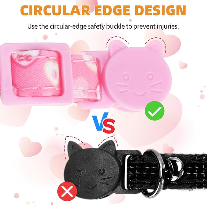 KOOLTAIL Girl Cat Collar Breakaway with Bowtie and Bells, 2 Pack Cute Kitten Collars, Pink Heart & Strawberry Design with Safety Buckle Adjustable for Small Large Girl Cats