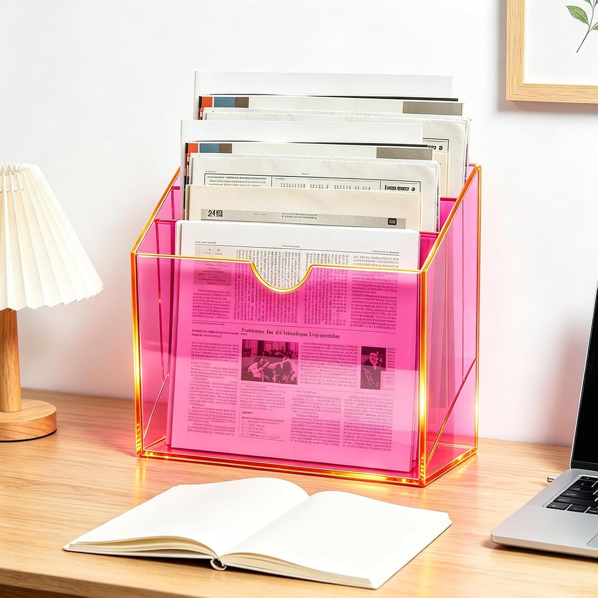 3-Tier Wall File Organizer Acrylic Hanging File Holder Magazine Holder Wall Mount, Neon Pink