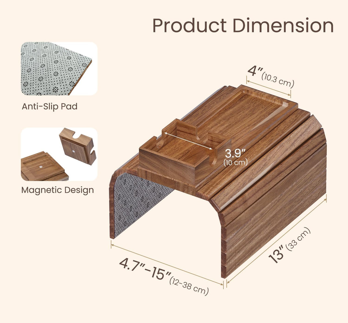 Fibogollo Acacia Wood Foldable Sofa Arm Tray with Square Cup Holder 2PC