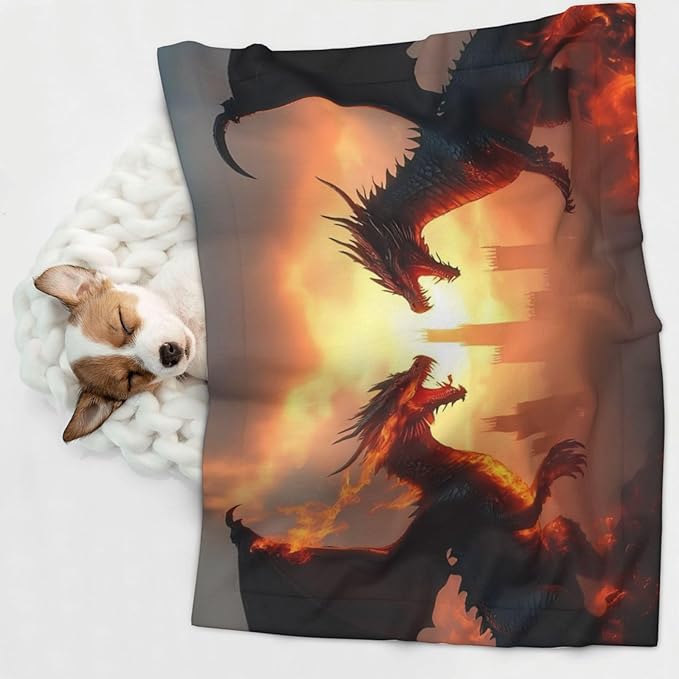 Castle Cool Fire Dragon Print Soft Plush Pet Blanket, Washable Dog Blanket, Cat Fleece Throw, Puppy Bed Crate Mat & Sofa Couch Protector - Small
