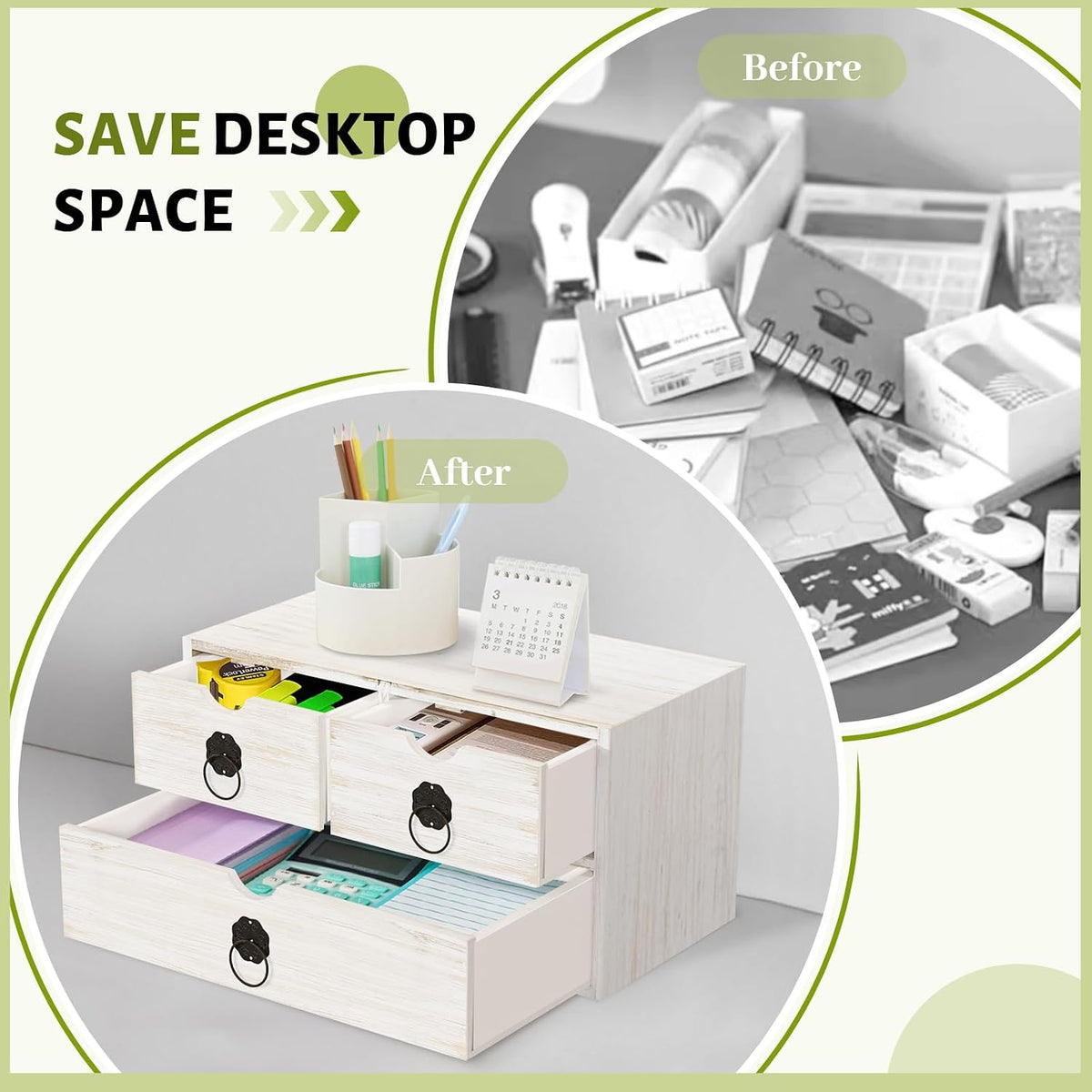 Wood Desk Organizer with Drawer, White Wooden Desktop Organizer, Tabletop Storage Organization Box for Countertop, Home Office Supplies (3 Drawer)