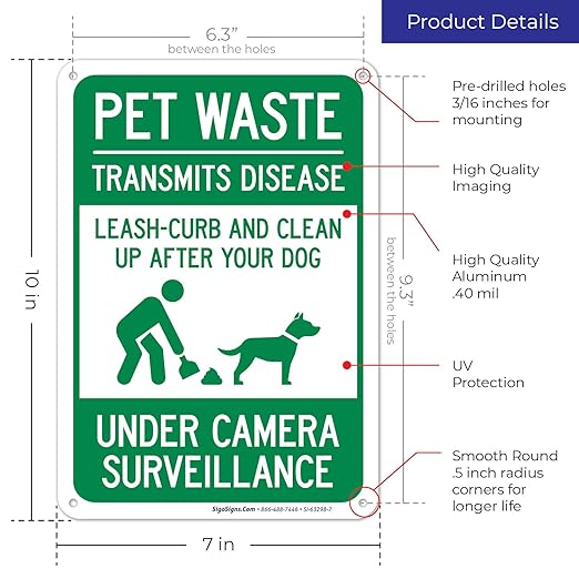 Pet Waste Leash-Curb and Clean Up After Your Dog Under Camera Surveillance Sign, 10x7 Inches, Rust Free .040 Aluminum, Fade Resistant, Made in USA