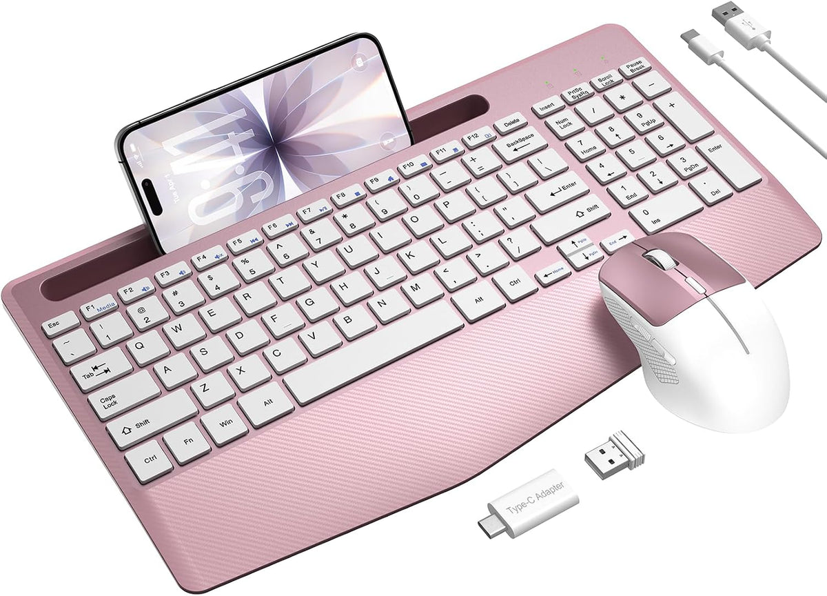 Rechargeable Silent Wireless Keyboard and Mouse Combo, Ergonomic Wrist Rest & Phone Tablet Holder, USB-C Adapter Included, 2.4G Lag-Free Cordless Set for Windows Mac Laptop PC Home Office (Rose Gold)