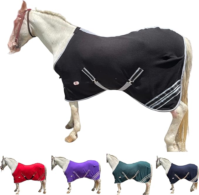 Majestic Ally Anti Pill Fleece Horse Blanket/Sheet with Silver Braided Rope (Black, 70)