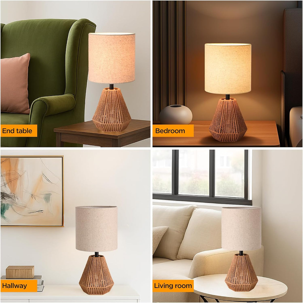 Boho Table Lamp with Linen Drum Shade, 14.17” Bedside Lamp with E26 Rattan Base for Living Room, Bedroom, Office – Natural Woven Style Accent Light, Bulb Not Included