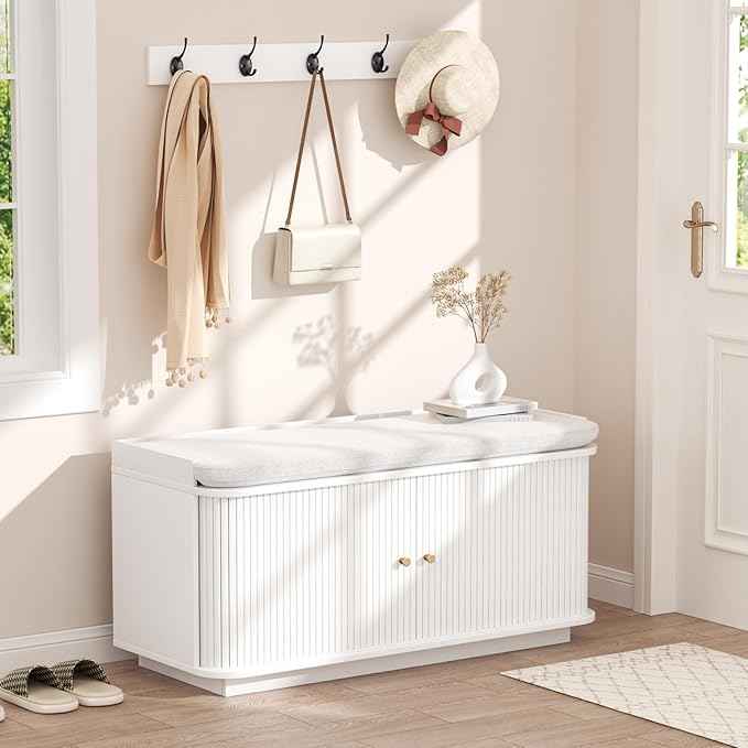 Hall Tree with Bench and Shoe Storage, Entryway Bench with Sliding Door Cabinet