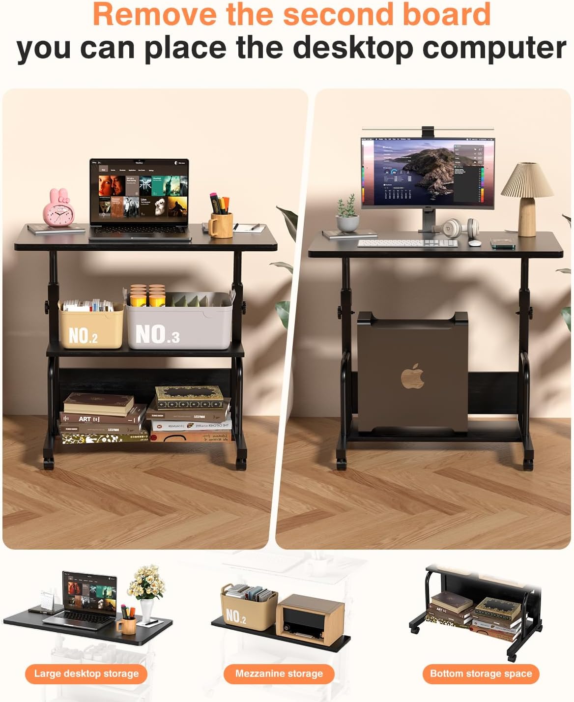 QZMDSM Portable Rolling Desk on Wheels Adjustable Height Desks for Small Spaces, 32" Computer Desk Drafting Tables with Storage Shelves for Home Office Black