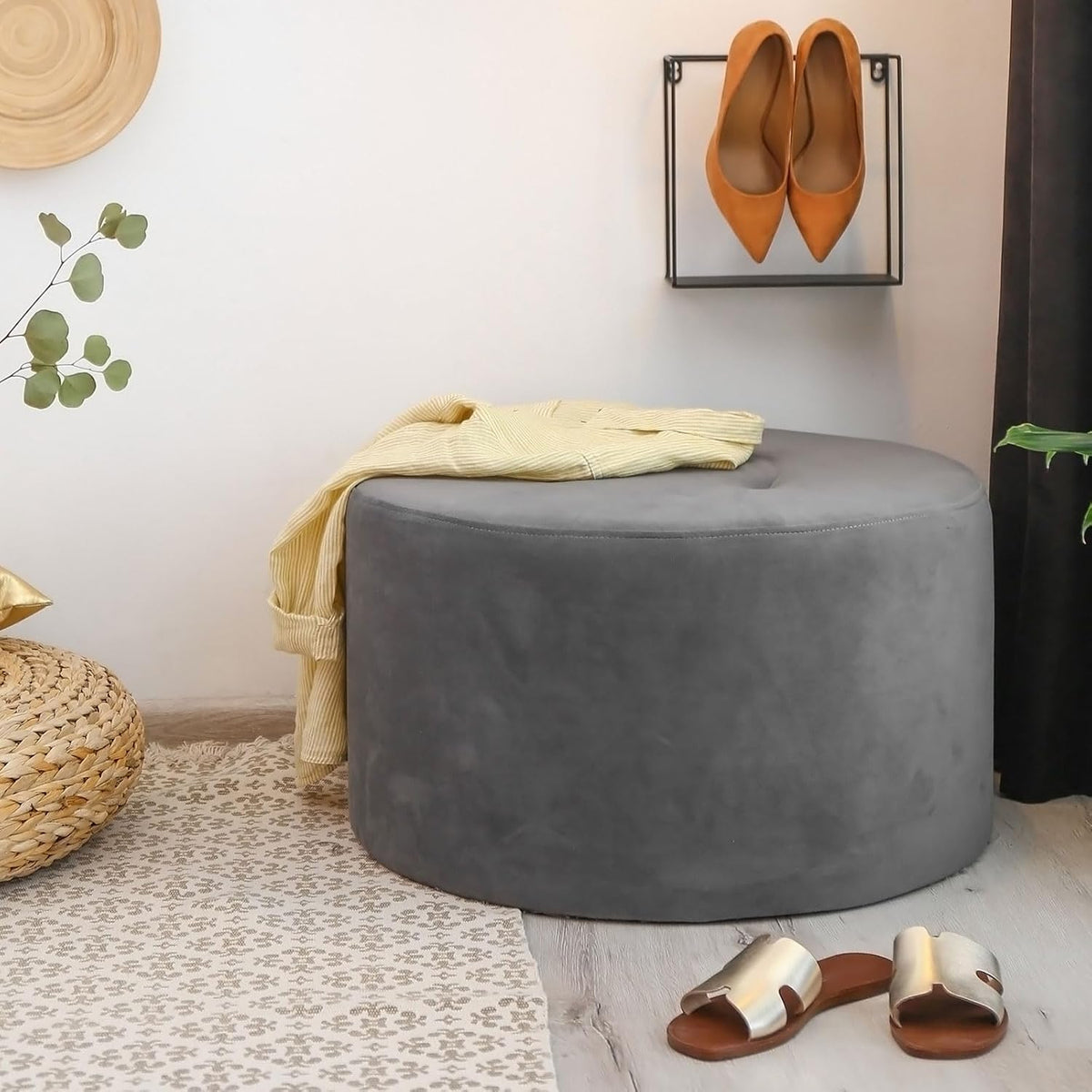 uxcell Ottomen Cover Round, Jacquard Ottomen Slipcover with Elastic Bottom Fit 76cm-104cm /29.9"-40.9" Diameter, Stretchable Footrest Stool Covers for Furniture Protector, Brown