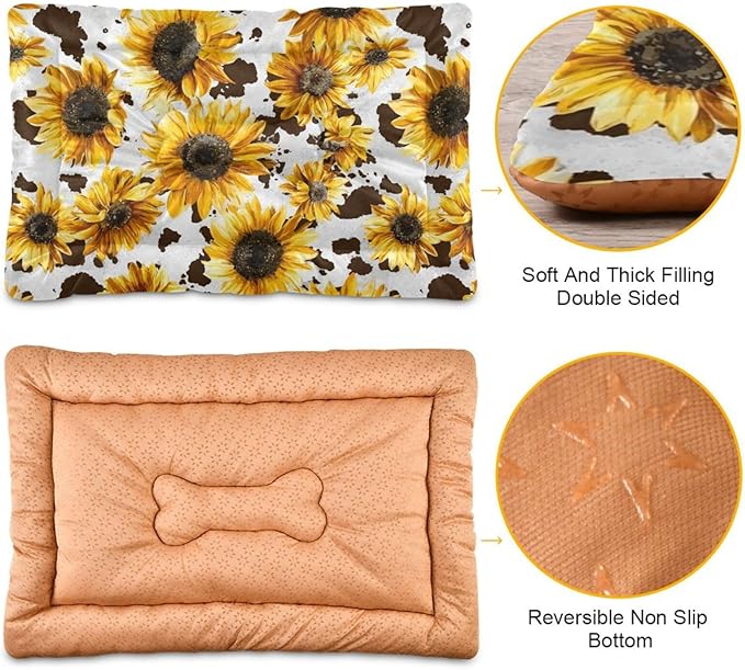 Retro Sunflower Dog Bed Mat - Brown Leopard Pet Kennel Washable Cat Crate Pad, Sleeping Mattress for Large Medium Small Dogs, 36x24 Inch