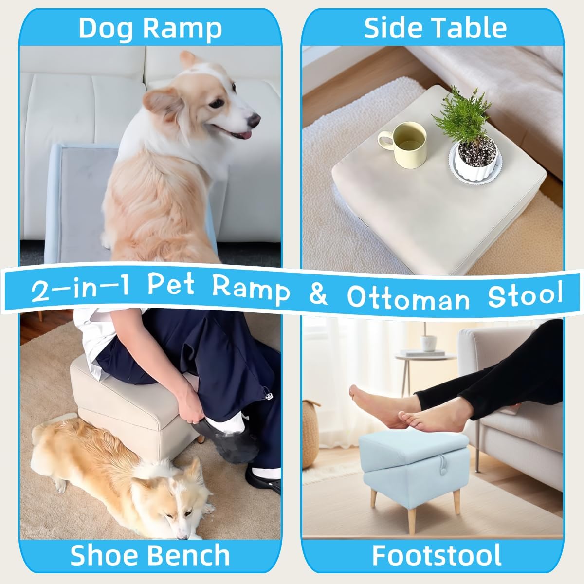 Split Ottoman Dog Ramp, Folding Pet Ramps Stairs for Couch, Pet Ramps Stairs for Small and Large Dogs, Holds up to 220 lbs (Beige - 2 Pads & 2 Covers, One Size)