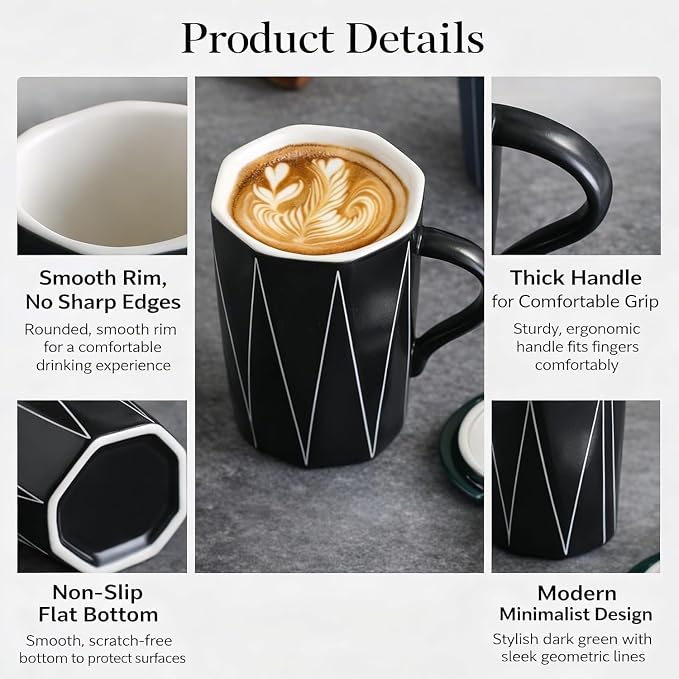 Ceramic Coffee Mug with Lid and Spoon, 13 oz Thick Heavy Coffee Cup