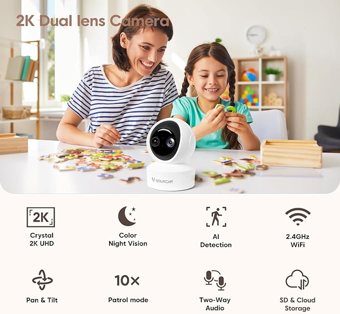 VSTARCAM 2K Dual Lens Indoor Security Camera, 10X Hybrid Zoom WiFi Camera for Home Security, 360° AI Tracking Pet Baby Monitor, Color Night Vision, 2-Way Audio, Support Cloud & 256GB SD Card Storage