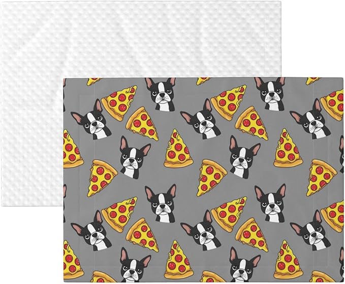 Reversible Plush Throw for Dogs and Cats, Grey Boston Terrier Dog Pizza, Double Sided Blanket with Nubby Dot Side and Sleek Side Ideal for Cuddling Nesting Security