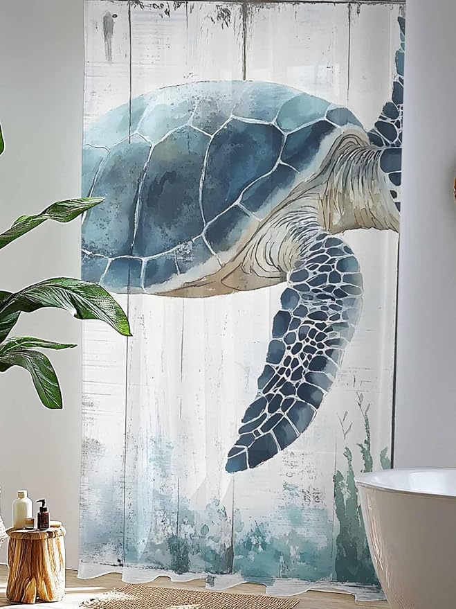 Sheer Curtains 84 Inches Long, Sea Turtle Teal Blue Semi Sheer Curtains Light