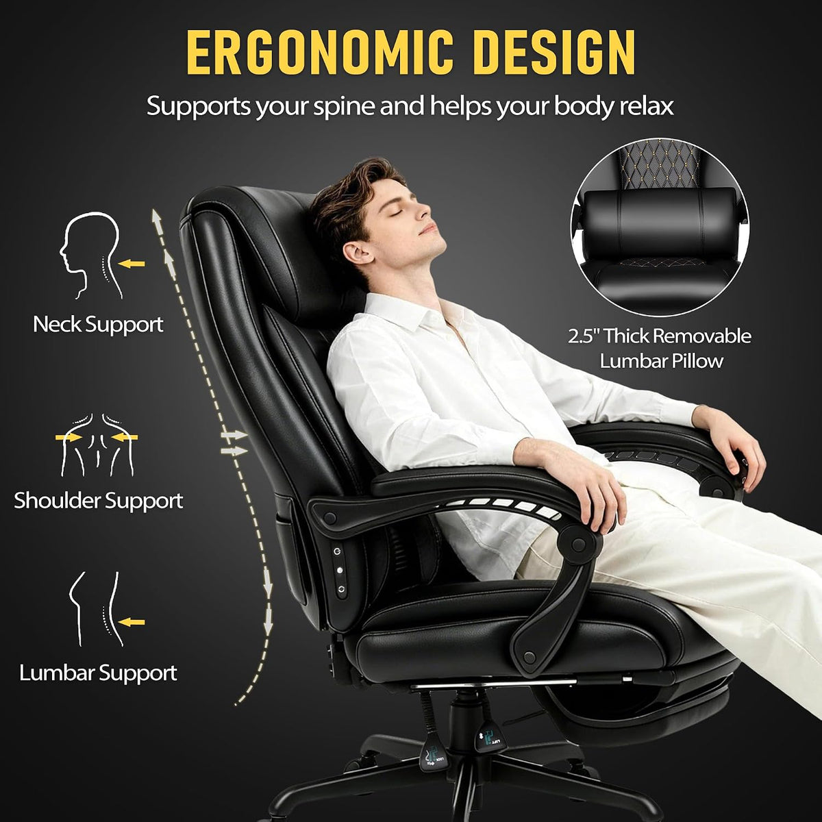3D Kneading Massage Office Chair with Heat, 500 lbs Big and Tall Executive Computer Desk Recliner, Leather Electric Heated Chair with Footrest, Black