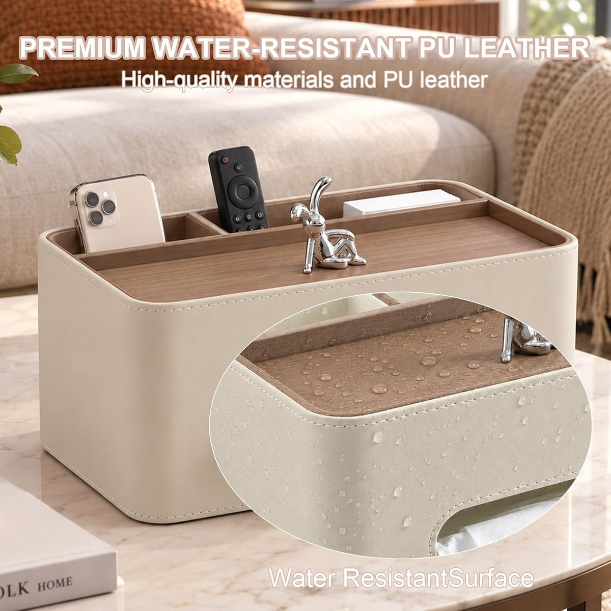 PU Leather Rectangle Tissue Box Cover with Storage Organizer, White