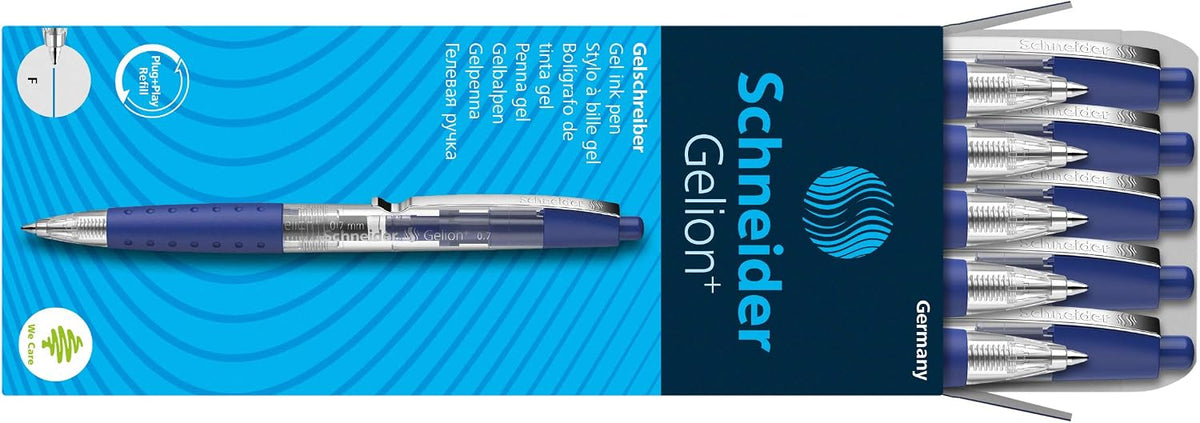 Schneider Gelion+ Gel Pen, Refillable and Retractable, Gel Ink, 0.7 mm, Transparent Barrel, Blue Ink, Box of 10 Pens (101003)
