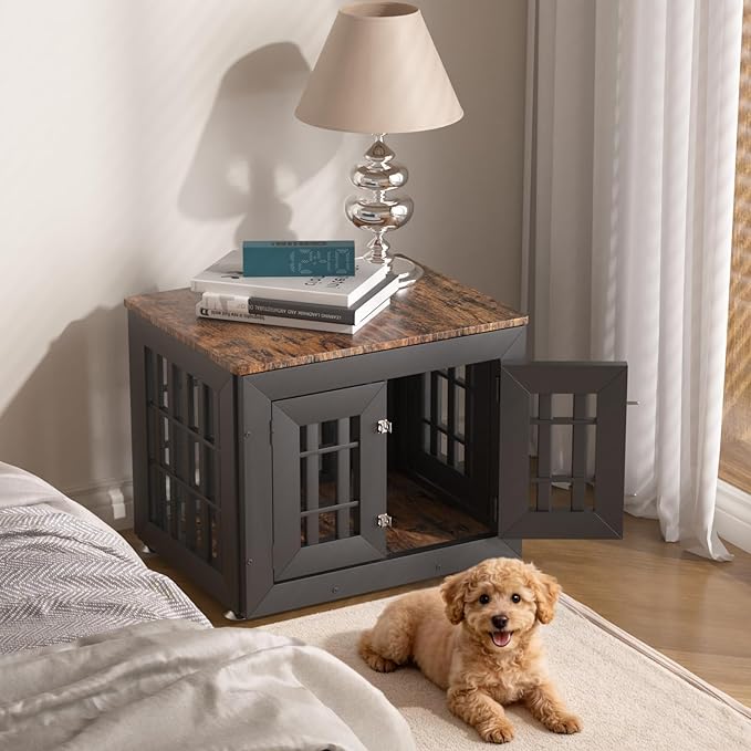 26" Heavy Duty Dog Crate Furniture for Small,Medium and Large Dogs,Rustic Wooden Dog Cage Kennel Indoor Furniture with Waterproof Top,Decorative Pet House Side End Table (Black & Wood)