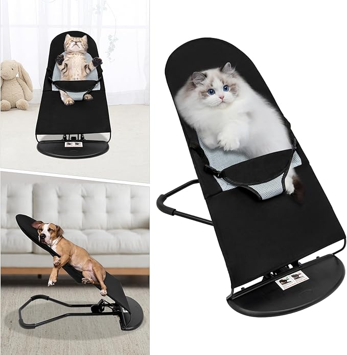 Pet Rocking Chair, 3-Level Height Adjustable Small Pet Rocker,Portable Foldable Rocker Bed for Small Dogs and Cats with Washable Cover, 33Lbs Weight Capacity, No Assembly Required (Black)