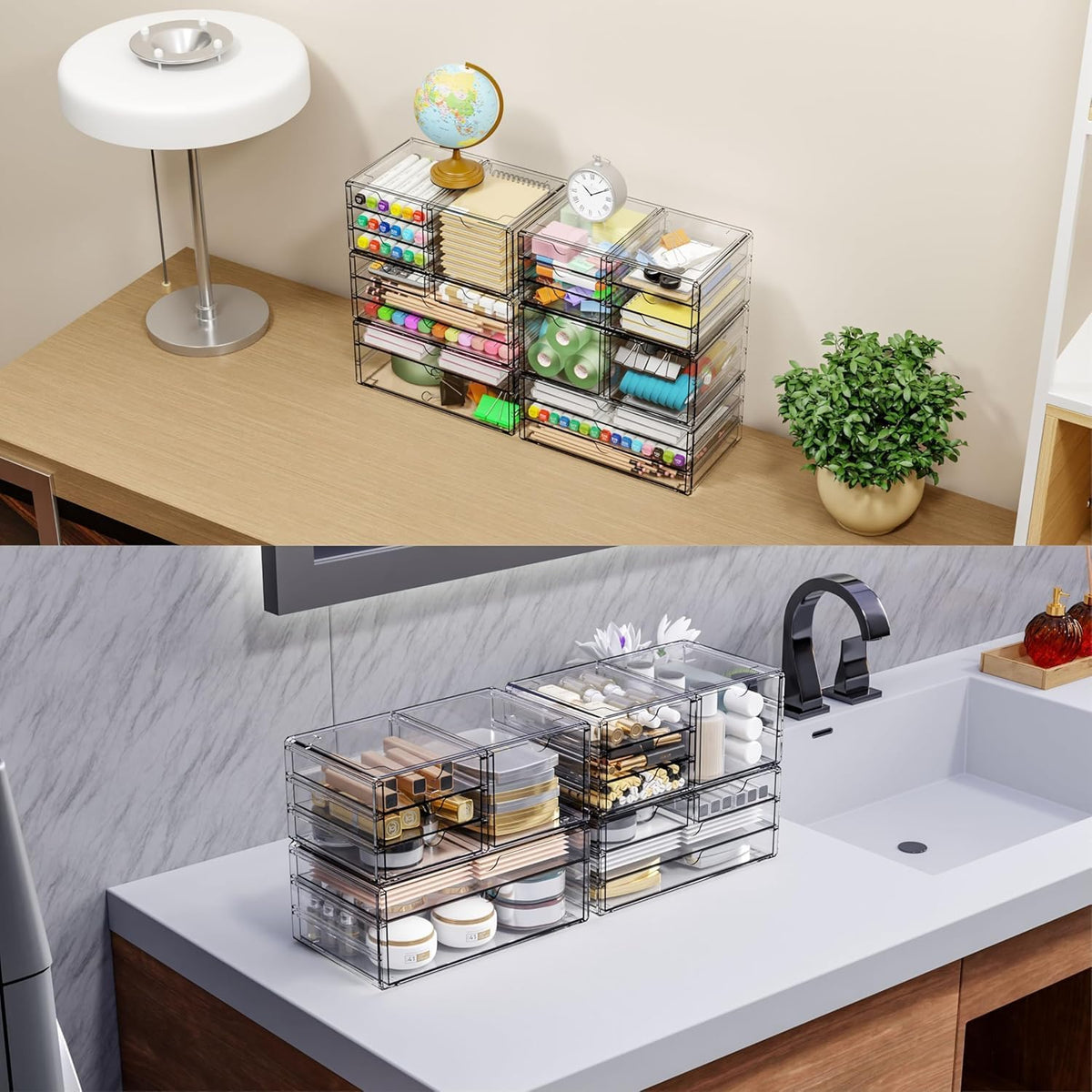 Yieach 3Pack Clear Drawer Organizers Stackable,Acrylic Storage Drawers With 10 Drawers,Multipurpose Office Supply Organizer and Makeup Organizer for Beauty,Craft,Pen,Medical,Stationary Desk Organizers