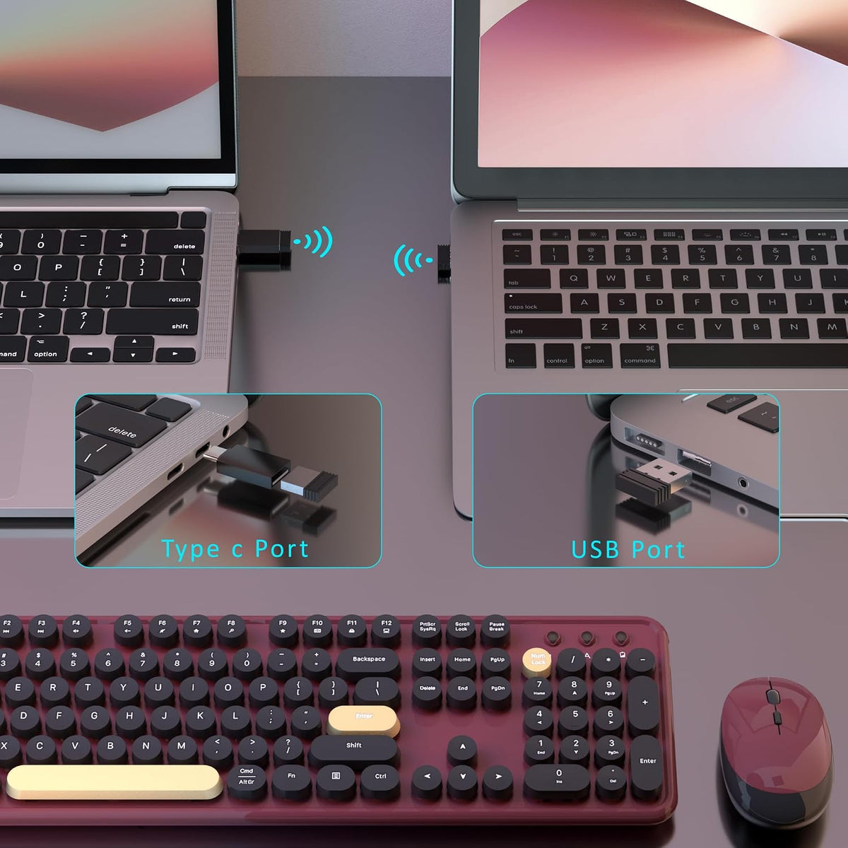 Retro Wireless Keyboard and Mouse Combo with Wrist Rest (Claret-Red)