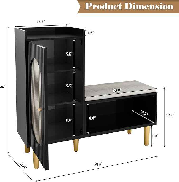 HLR Storage Bench with Glass Door&Shelf, Modern Entryway Shoe Cabinet Bench