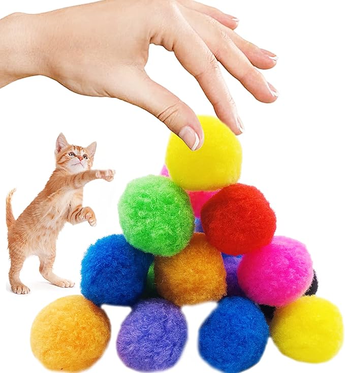PET SHOW 50pcs 1.5"/3.8cm Cat Toy Balls Soft Kitten Pompon Toys Indoor Cats Interactive Playing Quiet Ball Cats Favorite Toy Assorted 10 Colors
