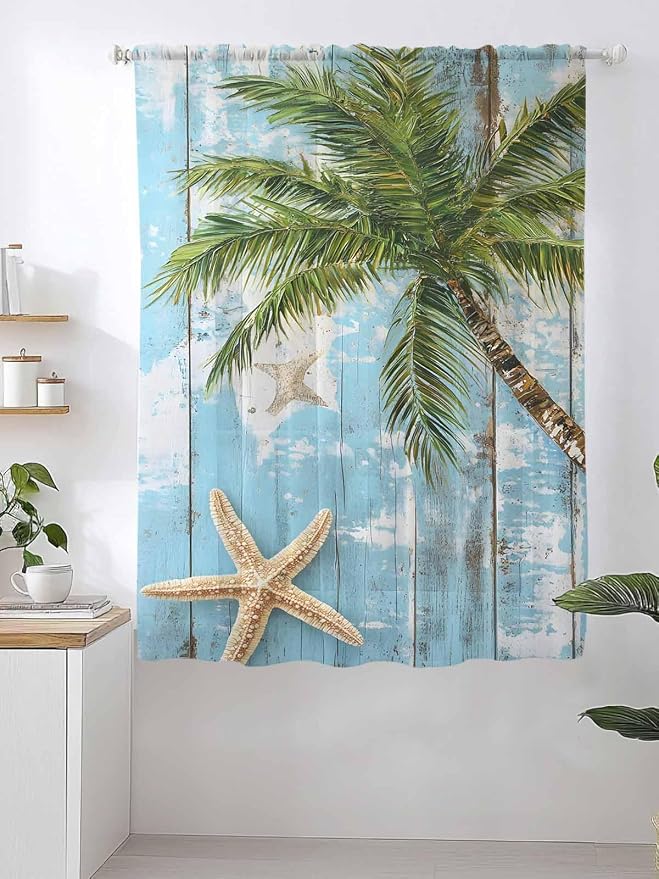 Sheer Curtains 63 Inch Length, Coastal Beach Blue Semi Sheer Curtains Light