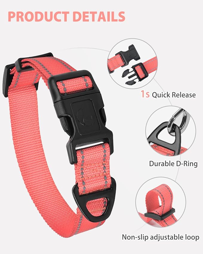 Joytale Large Dog Collar, Reflective and Adjustable Nylon Pet Collar with Quick-Release Buckle for Extra Large Dogs, Pink, XL