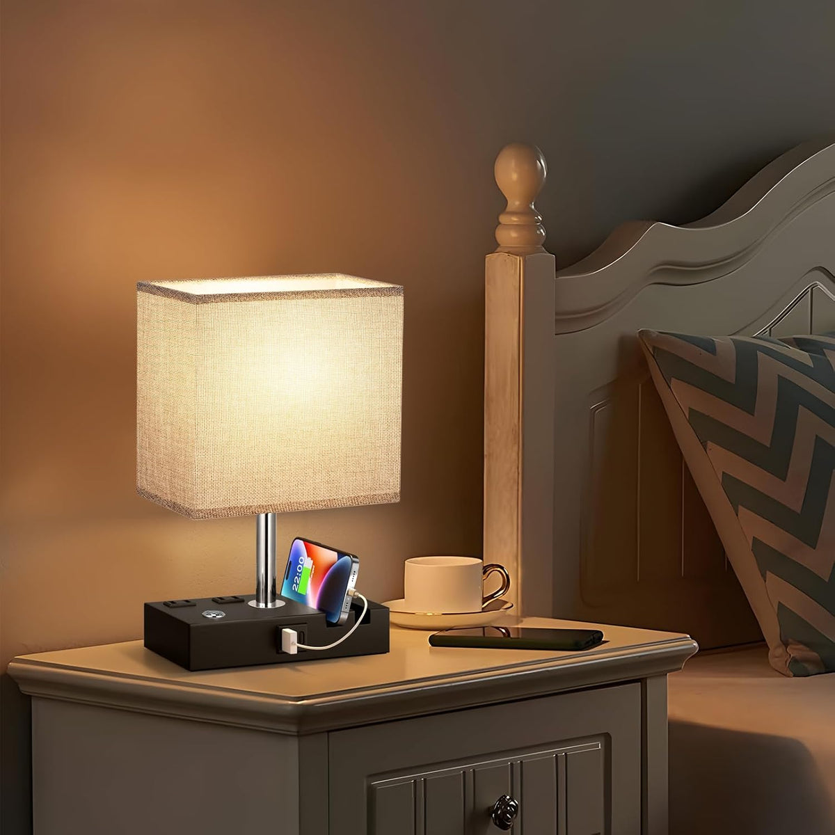 Touch Bedside Table Lamp for Bedroom, 3-Way Dimmable, USB C+A, 2 AC Outlets