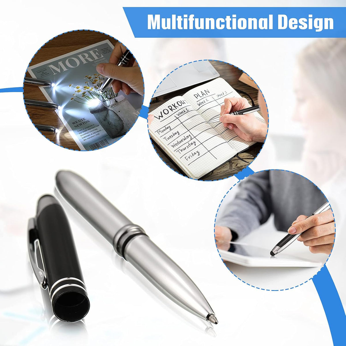 Zonon 30 Pieces Stylus Pen for Touch Screens Light Flashlight Pen 3 in 1 Multi-function Capacitive LED Ballpoint Pens 1.0 mm Black Ink Metal Tools with Light for Night Dark(Black)