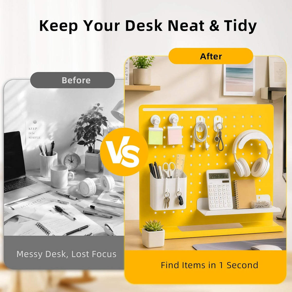 Metal Desk Pegboard Organizer, No Drill Modular Storage Kit 10 Accessories 15.8x11.8in White Yellow for Office Vanity