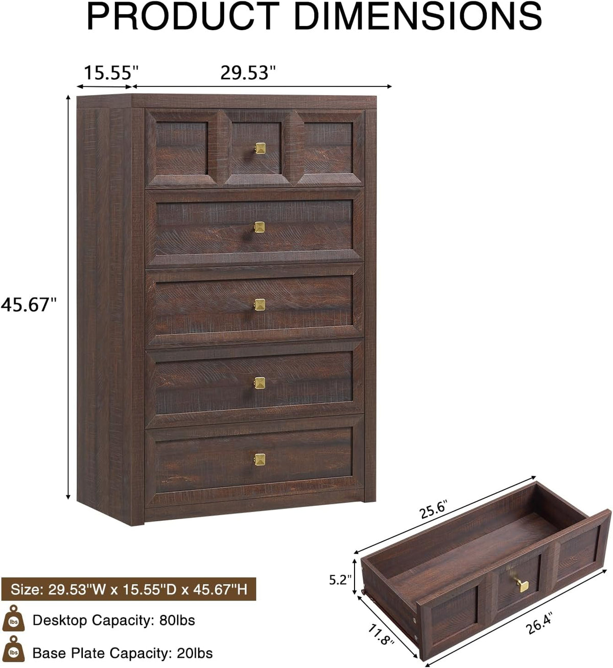 5 Drawers Dresser for Bedroom, 45.7" Tall Large Dresser & Chests of Drawers with Metal Handle, Clothes Storage Organizer w/Natural Texture for Bedroom, Brown