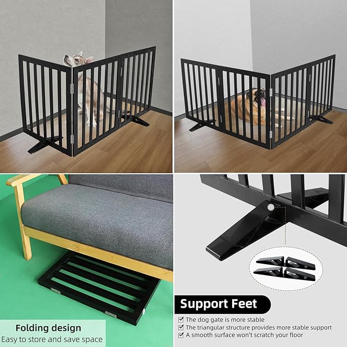 ZJSF Freestanding Indoor Dog Gate for House Foldable Wood Puppy Gate for Doorways Pet Gate for Stairs Extra Wide Pet Fence, Black, 24" Height 2 Panels
