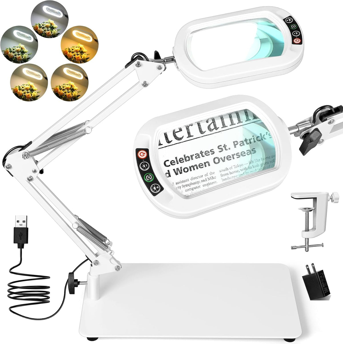 Drdefi 12X Square Magnifying Glass with Light and Stand, Real Glass LED Lighted Magnifier, 5 Color Modes Stepless Dimmable, Hands-Free Mag Desk Lamp with Clamp for Reading Craft Hobby Close Work White