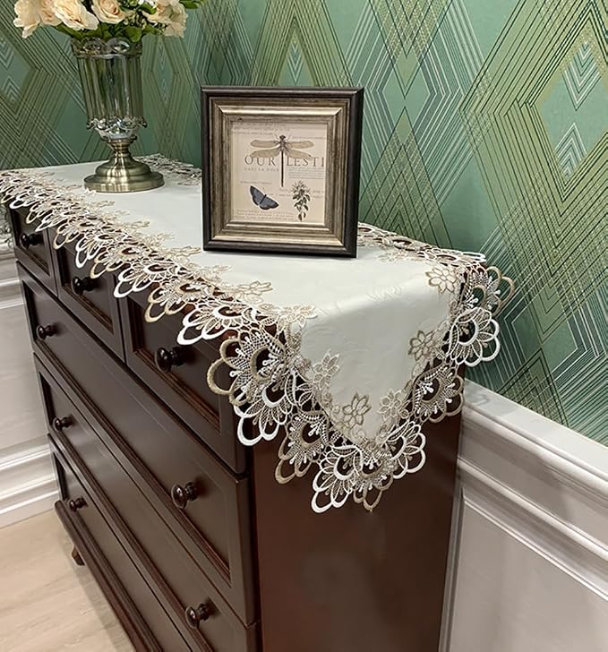 Sandweek Washable Lace Floral Embroidered Rectangle Table Runner Scarf Wedding