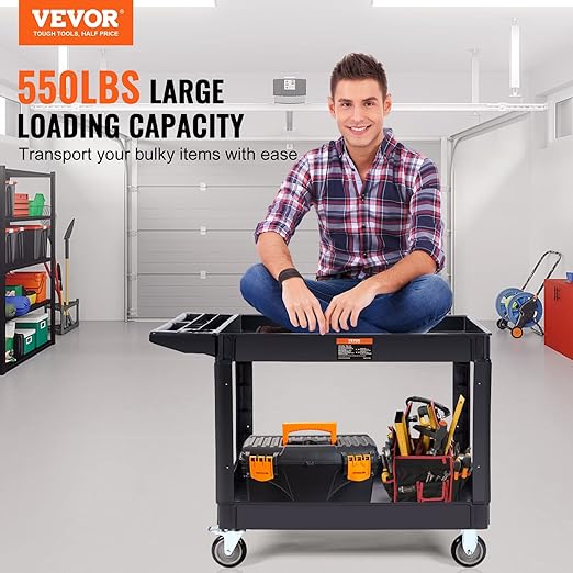 VEVOR Utility Service Cart, 2 Shelf 550LBS Heavy Duty Plastic Rolling Utility Cart with 360° Swivel Wheels (2 with Brakes), Large Lipped Shelf, Ergonomic Storage Handle for Warehouse/Garage/Cleaning