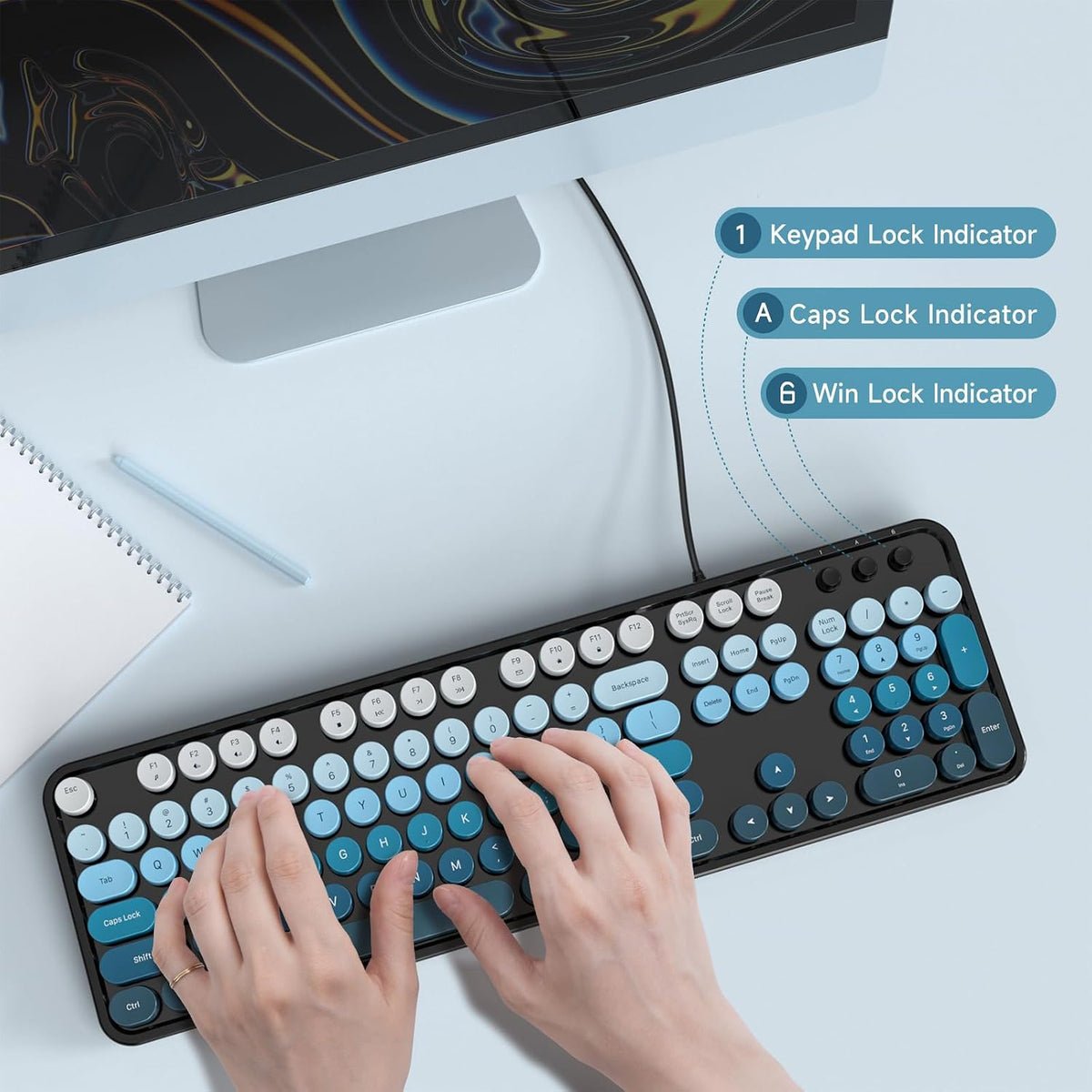 MOFII Computer Keyboards Wired, Plug Play USB Full Size Typewriter Keyboard, Cute Colorful Aesthetic Keyboard with Foldable Stands for Windows PC Laptop (Black Blue)