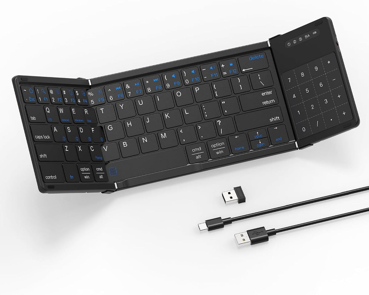 MOSHOU Foldable Bluetooth Keyboard with Trackpad & Numpad, 2.4G, Black