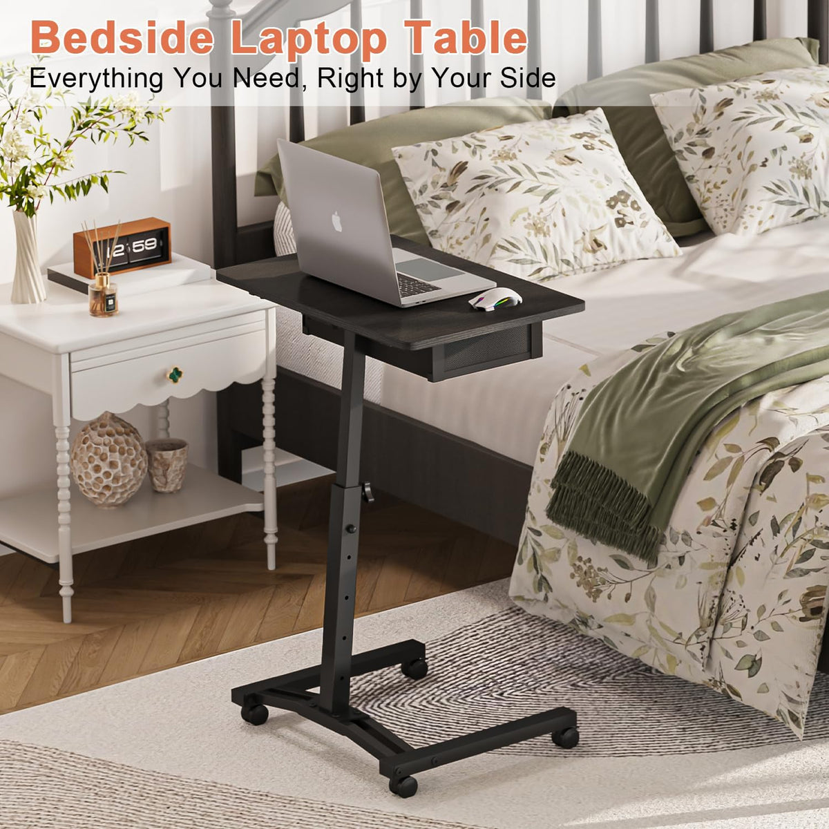 Rolling Adjustable Height Computer Desk With Drawers, Small Mobile Laptop Desk Cart On Wheels For Small Spaces Home Office, Portable Sitting Laptop Table For Bed Couch Load Up To 60LBS, Sturdy, Black