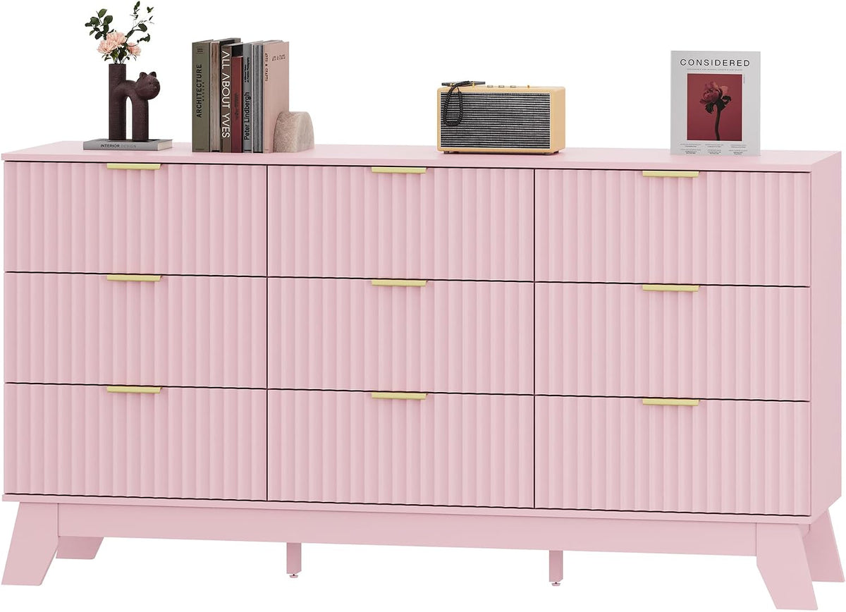 HUANLEGO Fluted Dresser for Bedroom with 9 Drawers, Pink
