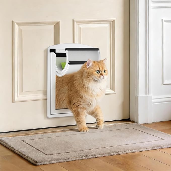 MAVRICFLEX Cat Door for Door, All-Stainless Steel Frame Cat Door with Double Soft Flaps and 2 Sliding ABS Panels for Doors, Easy to Install, Perfect for Cats and Small Dogs Under 15 LBS, White