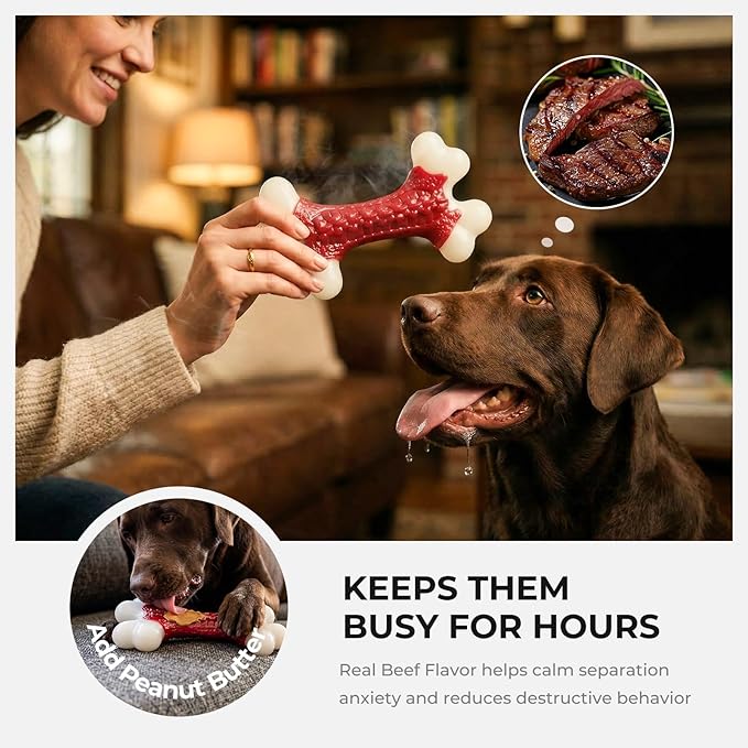 6-Pack Indestructible Dog Toys for Aggressive Chewers: Beef Flavored Hard Nylon Bone Chew Toys, Tough Dog Chew Toys for Large Dogs, Dog Toys to Keep Them Busy for Medium Large Breed, Red