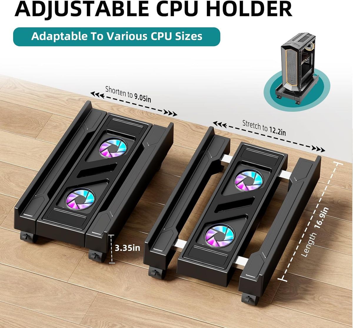 CABTE Computer Tower Stand with Cooling Fan, Adjustable Mobile CPU Holder