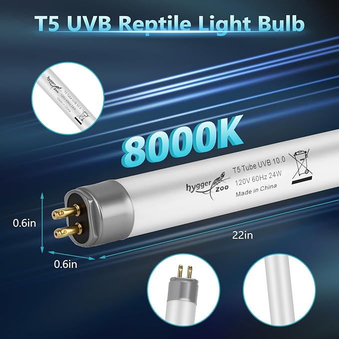 T5 UVB Reptile Light 24W 10.0 + UVA Light Bulb for Reptiles, 3-Pack Lamp Tube for Bearded Dragon, Desert-Grade Reptile UVB lamp Fixture