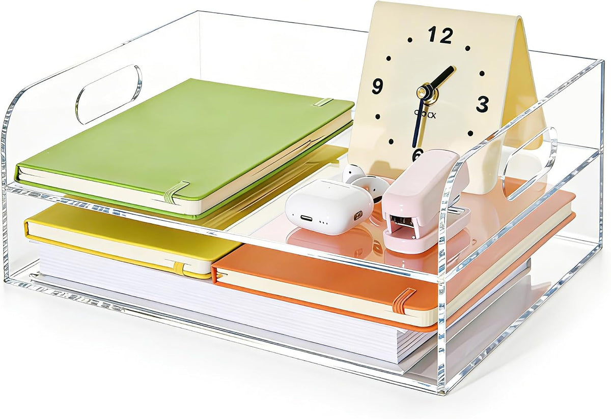 2-Tier Clear Acrylic Paper Trays, Desk File Organizer, A4 Paper Holder, Low-Profile Desk File Sorter for Office/Home, Clear Stackable Letter Tray for Bills, Crafts, Notebooks - Horizontal