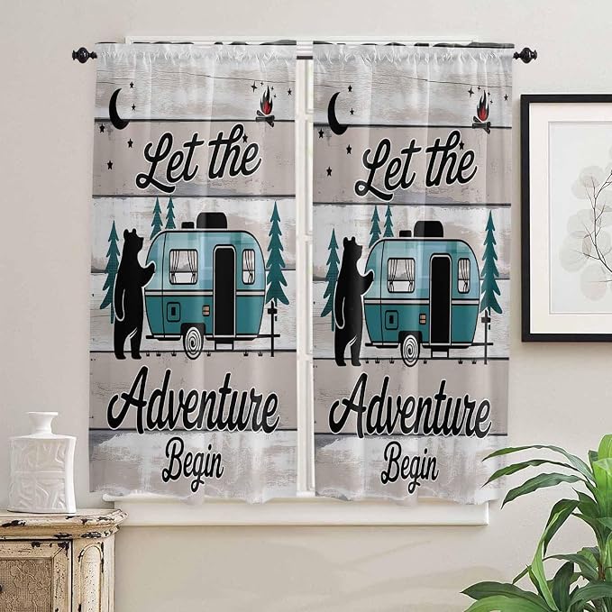 Farmhouse Bear Camper Van Tree Window Valance Curtains, Vintage Wood Grain