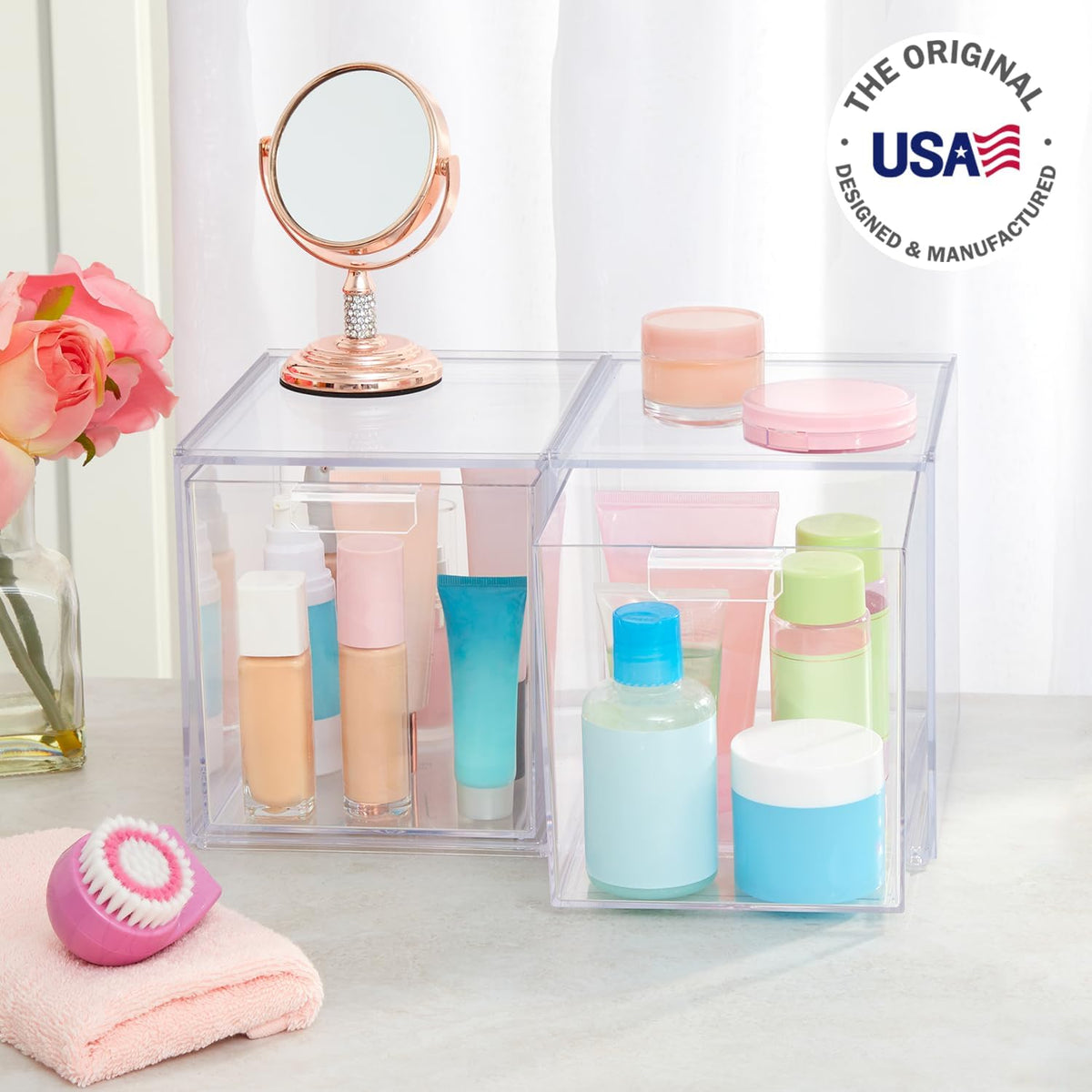 STORi Audrey Stackable Bin Clear Plastic Organizer Drawers | 2 Piece Set | Organize Cosmetics and Beauty Supplies on a Vanity | Made in USA